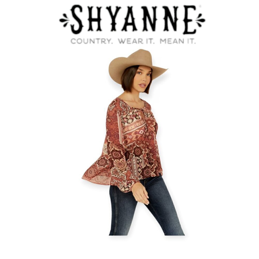 Shyanne Rust Copper Boho Peasant Top Semi Sheer Chiffon Long Sleeve Size M